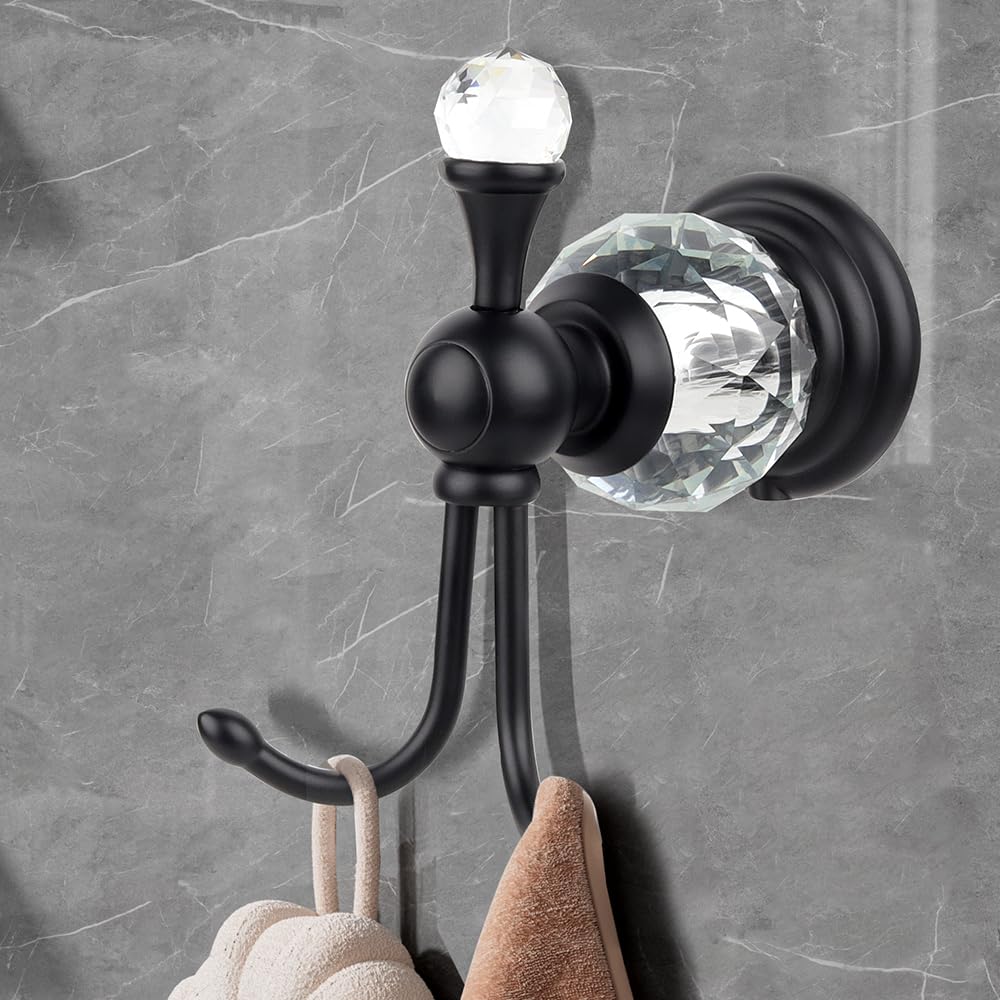 Luxury Crystal Black Robe Hook Bathroom Hangings Towel Rack Clothes Hook, Double Wall Mounted Towel Hook, Double