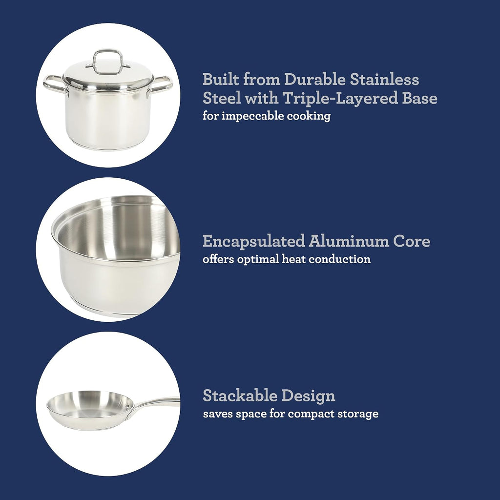 Platinum Sedwick 10-Piece Stackable Stainless Steel Pots and Pans Cookware Set W/Domed Stainless Steel Lids W/TriPly