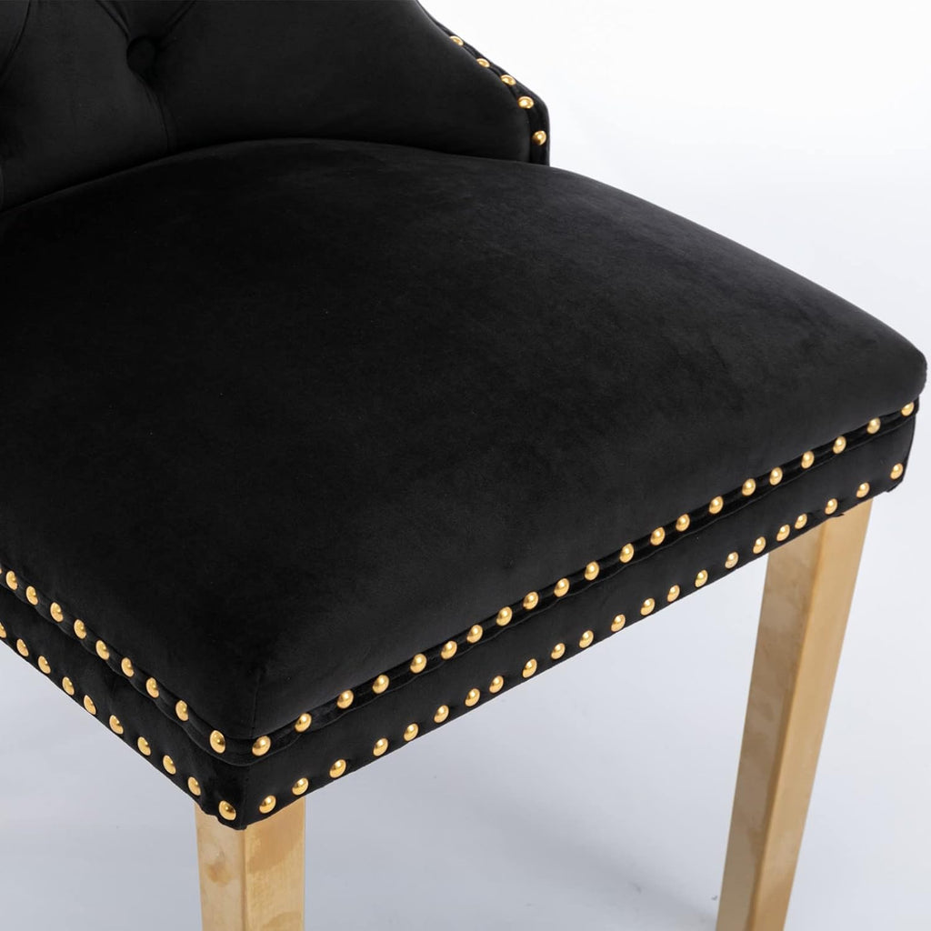 Solid Wood Velvet Upholstered Dining Chair with Golden Stainless Steel Plating Legs,Contemporary Design W/Nailhead