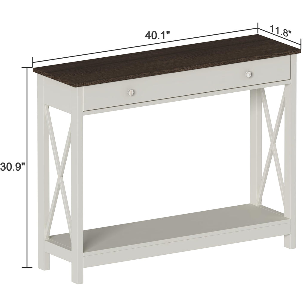 Farmhouse Console Table with Drawer and Storage Shelves, Foyer Sofa Table Narrow, Antique White & Brown