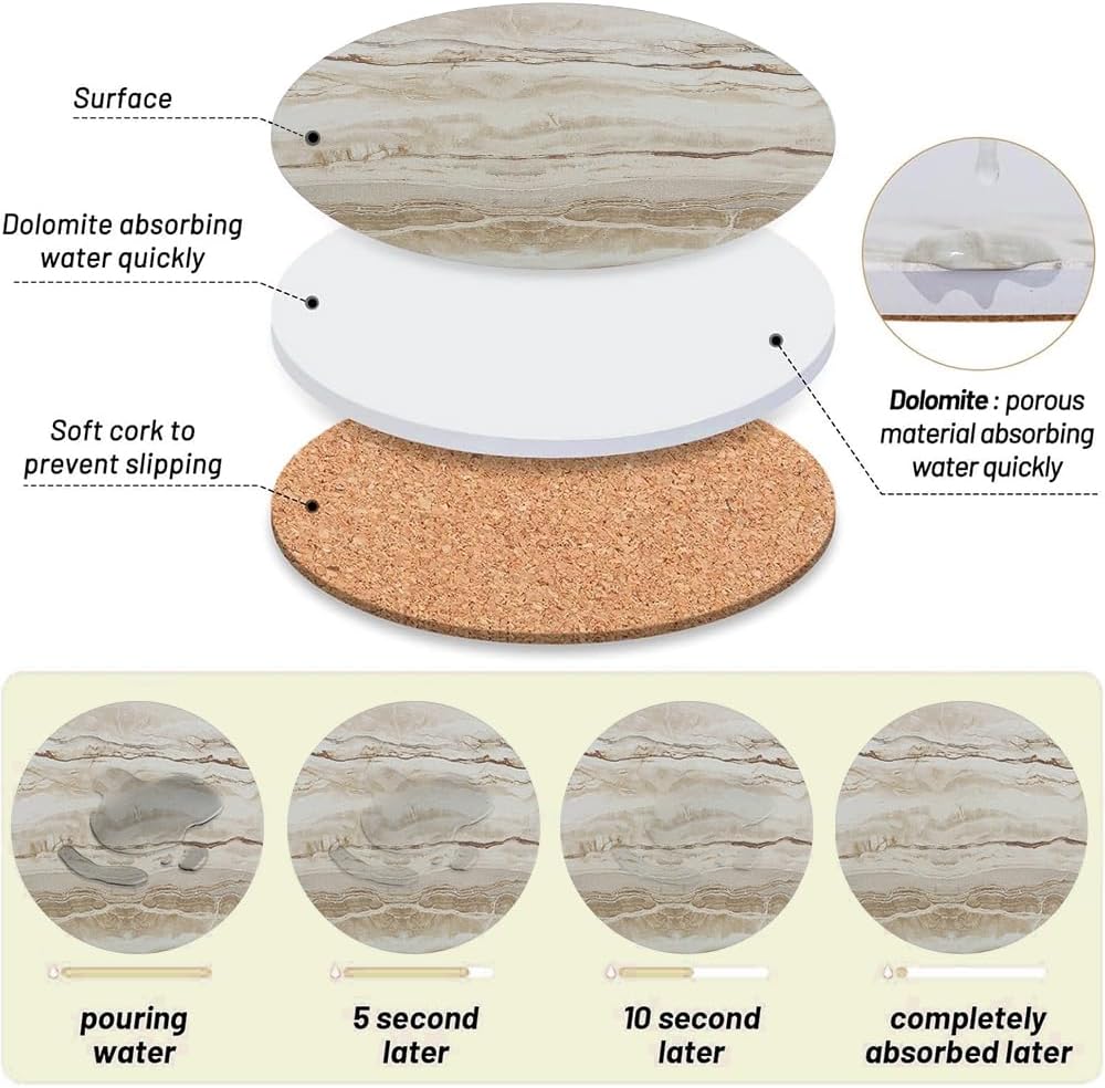 Ceramic Coasters, Marble-Textured Design with Holder - Absorbent Cork-Backed Coasters for Cups, Bar & Coffee - Set of 8
