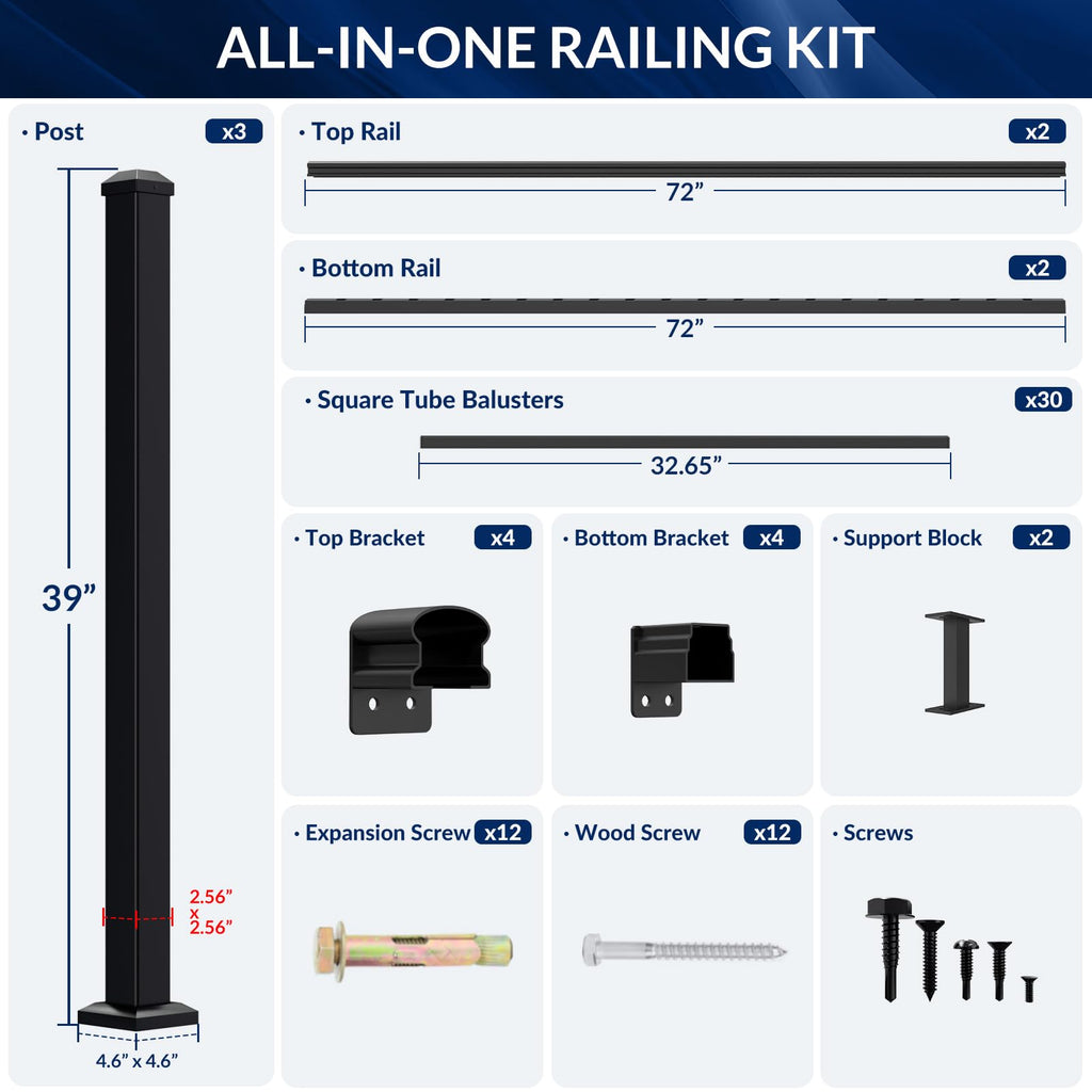 36in x 12ft Modular Aluminum Porch and Deck Railing Kit with 3 Post