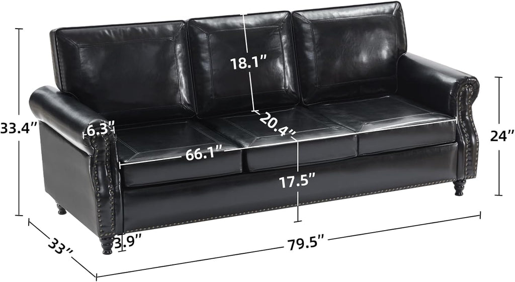 79'' Faux Leather Sofas, Mid Century Modern Couches with Rolled Arm & Nailhead Trim for Small Space, Apartment, Black