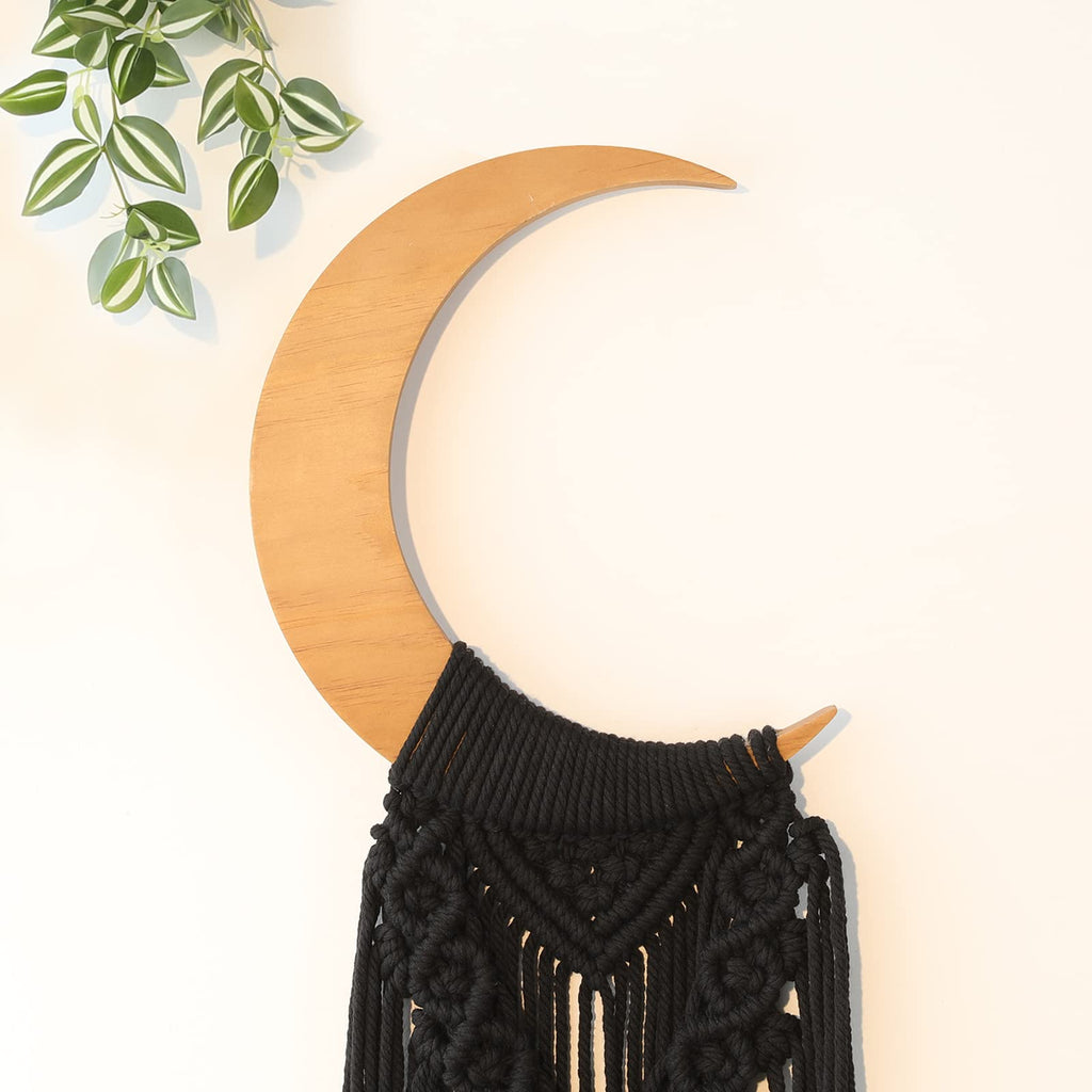 Macrame Wall Hanging Boho Moon Decor, Crescent Wooden Ornament with Tassel