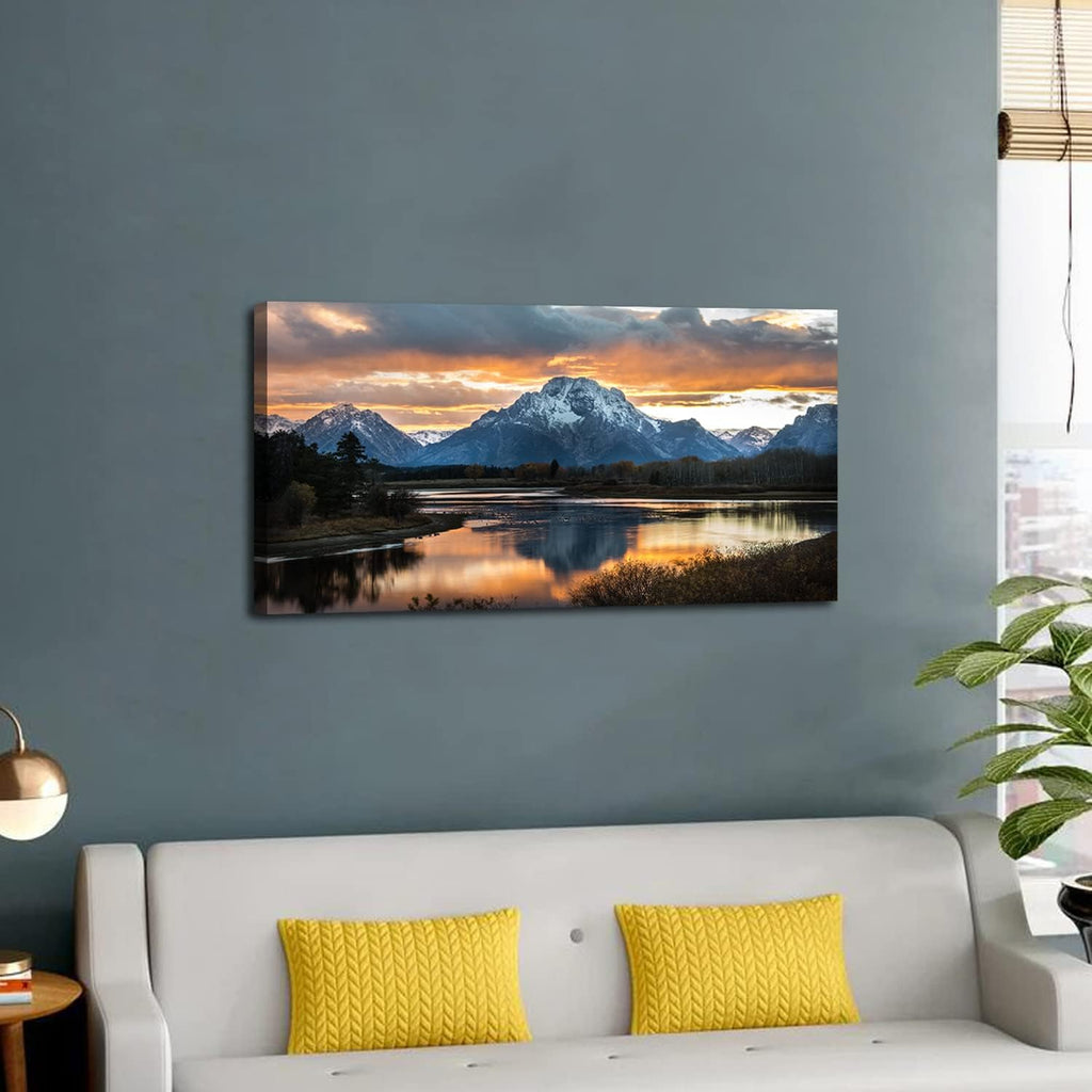 Sunset Mountain Wall Art Nature Grand Teton Landscape Canvas Wall Decor National Park Wall Art Oxbow Bend Snake River