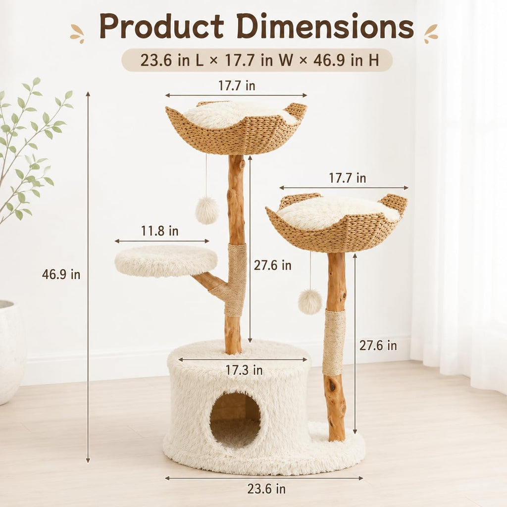 46.9-Inch Natural Wood Cat Tree with 2 Woven Baskets and Condo