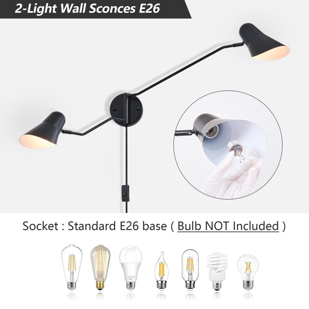 Modern 2-Lights Swing Arm Wall Sconces Black Plug in Wall Light 180° Rotatable Wall Mount Lamp with ON/Off Cord, E26