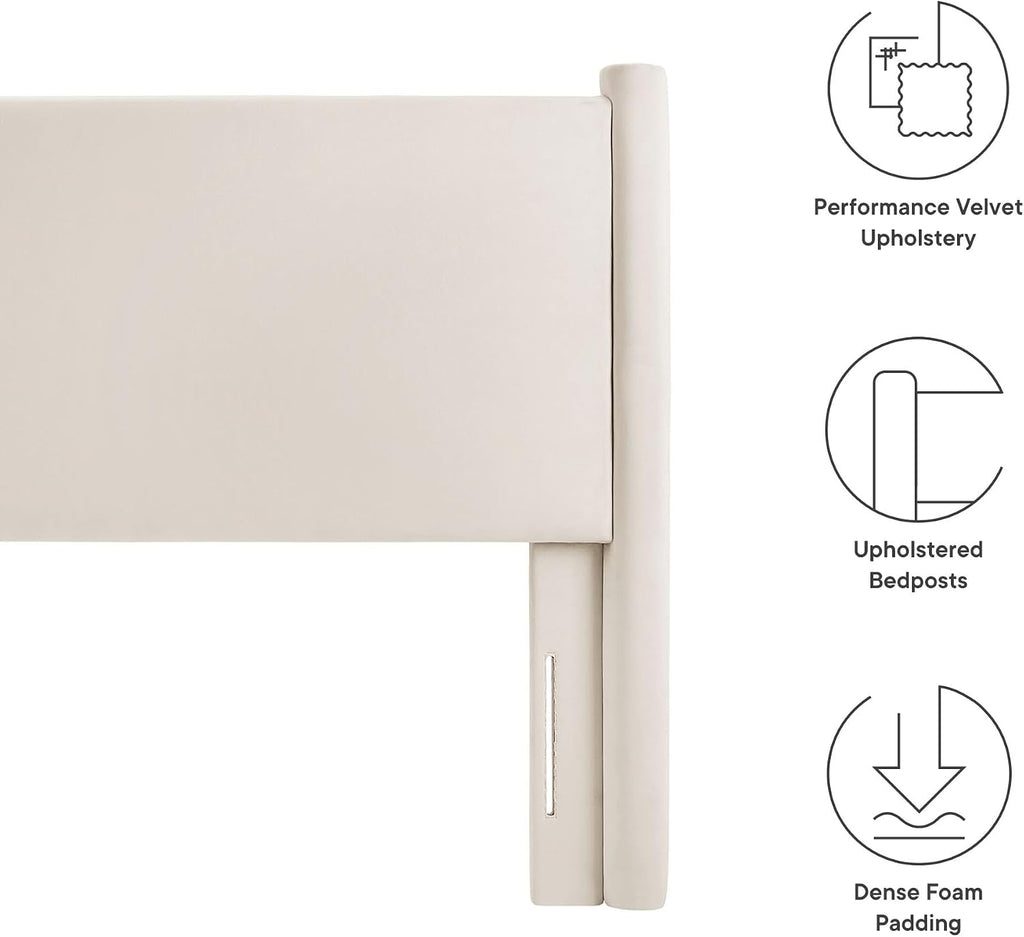 Rael Queen Upholstered Headboard with Pillars in Alabaster - Velvet Headboard - Stain-Resistant Performance Velvet