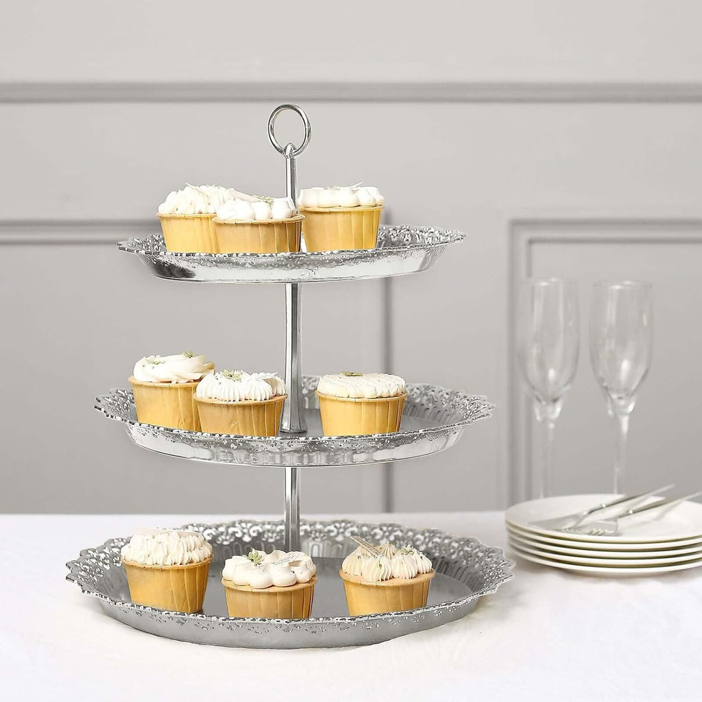 3-Tier Silver Cupcake Stand Lace Cut Scalloped Edge Dessert Tower, Decorative Baby Shower Pastry Display - 15" Tall - Set of 3