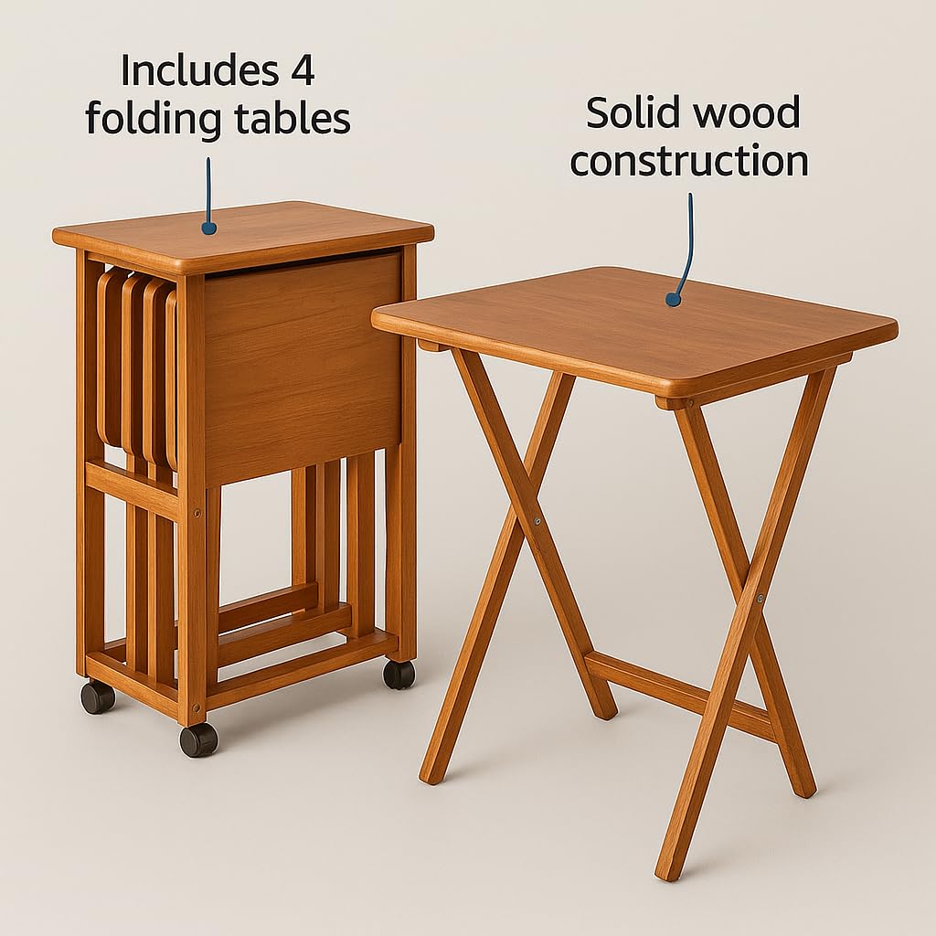 5-Piece Wood Folding Snack Table Set with Rolling Storage Stand and Removable Serving Tray - Fully Assembled (Teak)