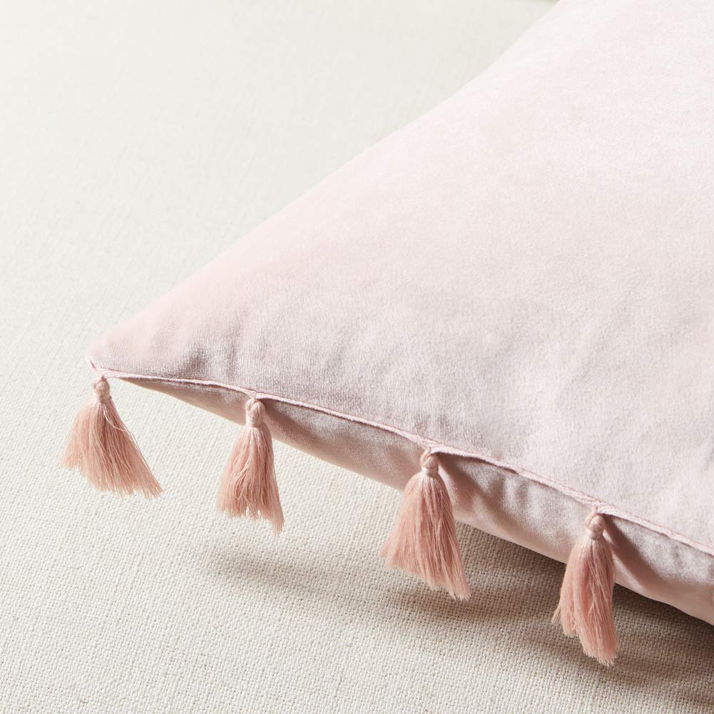 Pack of 2 Cute Decorative Throw Pillow Covers with Handmade Tassels, Soft Velvet Peach Solid Square Cushion Case Set