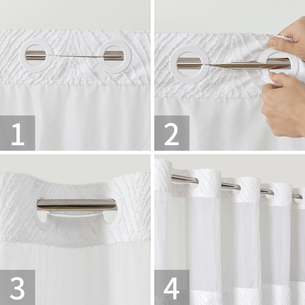 No Hook Shower Curtain and Liner Set, Boho Style with See Through Top Window, White Fabric Tufted Striped Textured