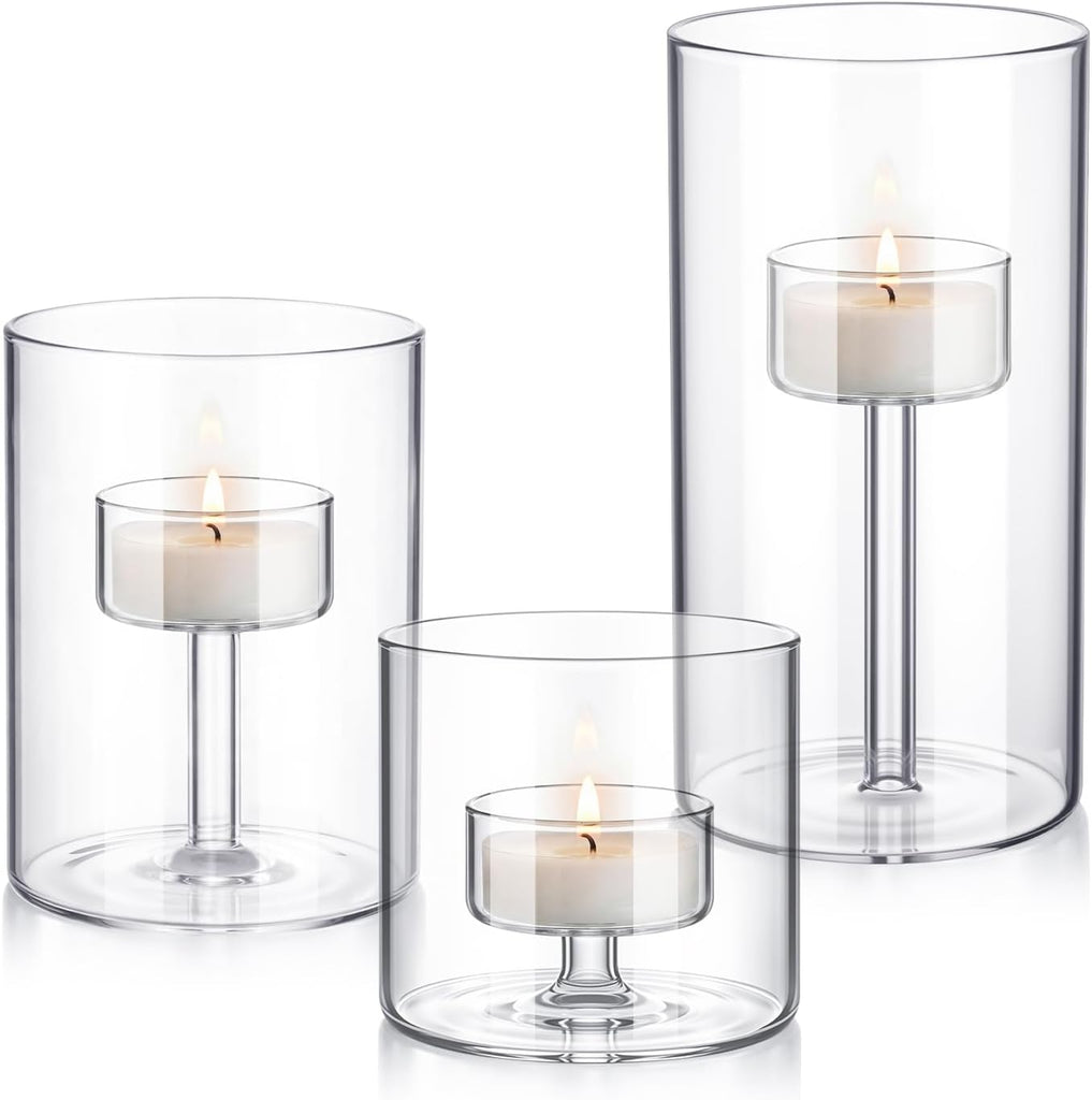 3 Set Hurricane Glass Candle Holders Pillar Votive Hand Blown Clear Cylinder Vase Modern Rustic Table Centerpieces