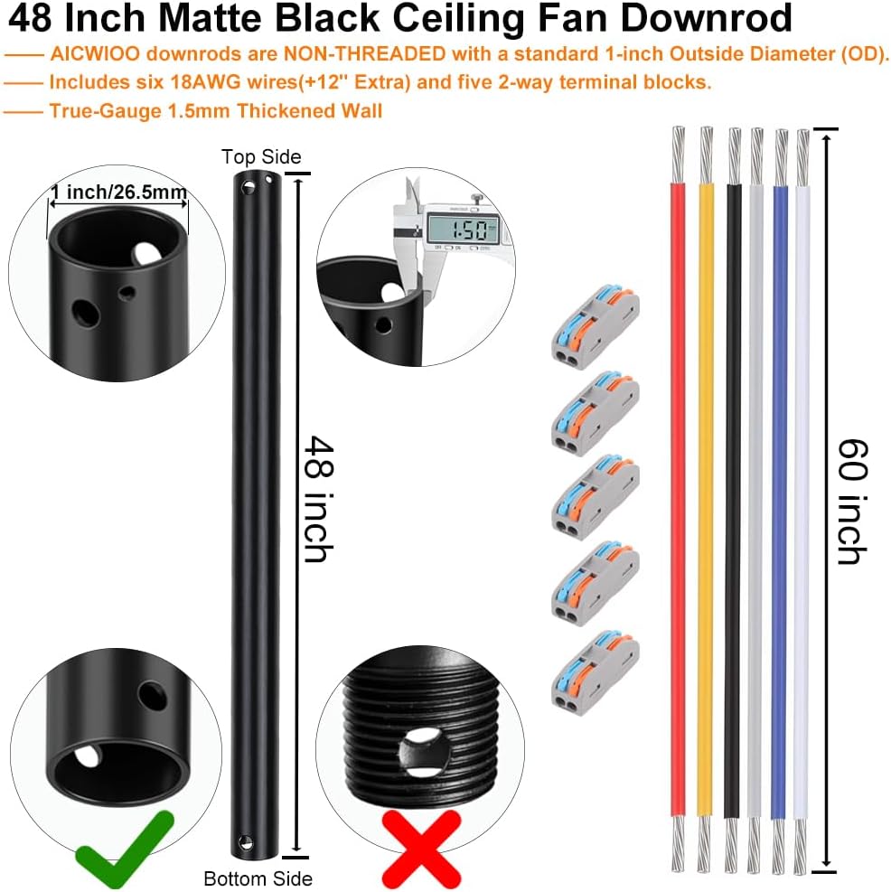 48 Inch Matte Black Ceiling Fan Downrod with 60" Extension Wires, 1" OD Universal Threadless Extension Pole