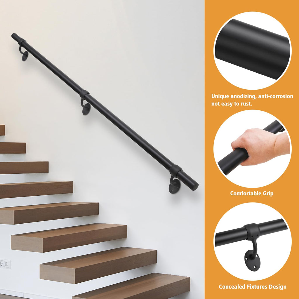 Stair Railing Indoor Metal Hand Rails for Indoor Stairs 1.5" Pipe Aluminum Wall Mounted Outdoor Handrail for Steps