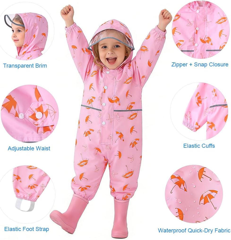 Kids Rain Suit Toddler Muddy Buddy Coverall One Piece Raincoat for Boys Girls