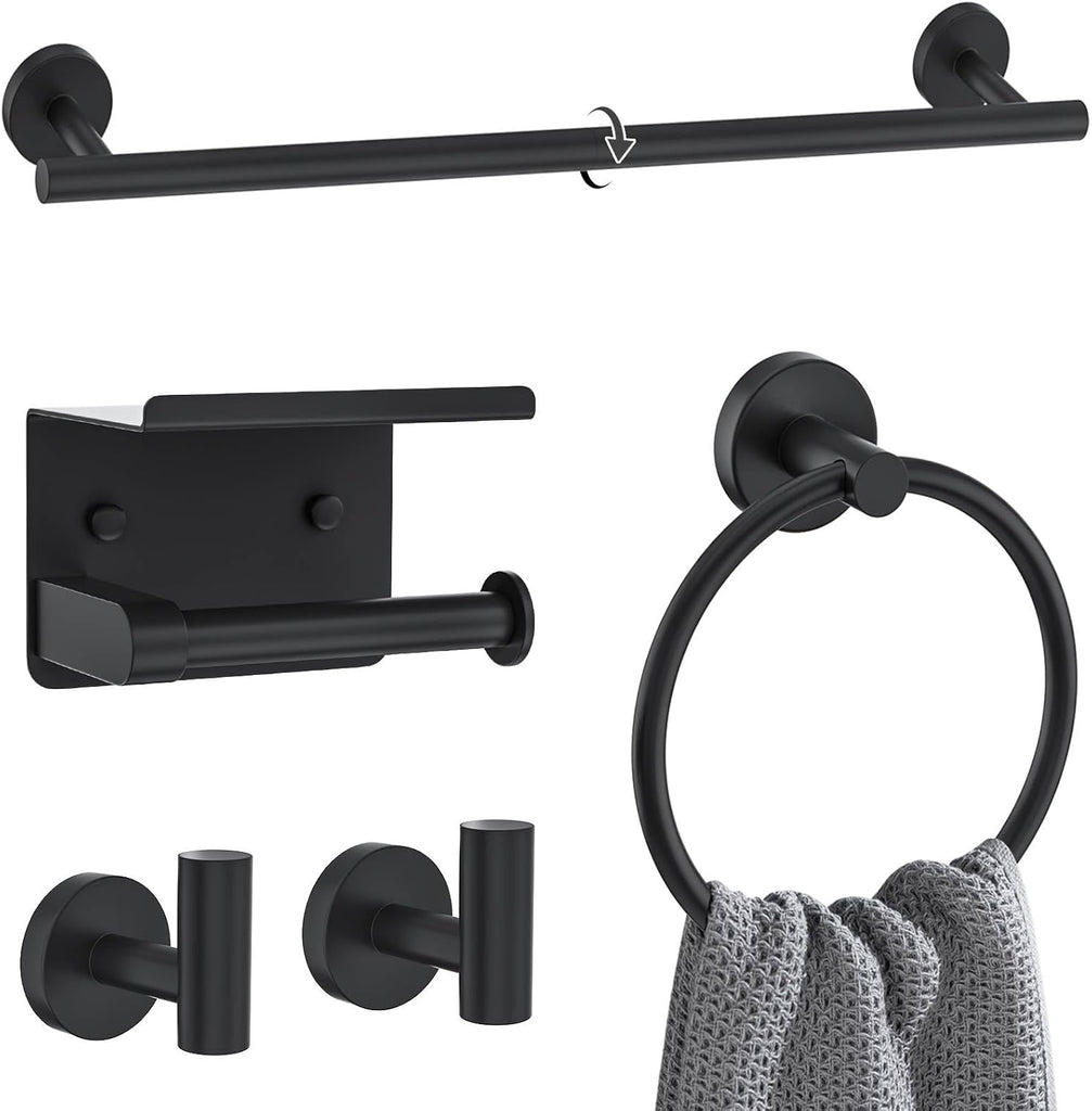 Matte Black Towel Bar Set 5 Pieces Bathroom Hardware Accessories Set Round Towel Holder Set Upgraded Toilet Paper