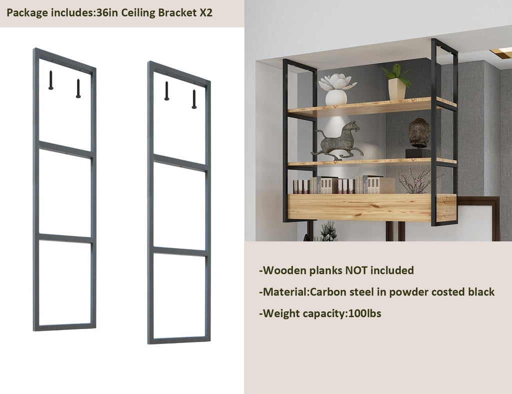 3-Tier Ceiling Mount Shelf Brackets, Industrial Rustic Black Storage Hanging Pipe Shelf, Max Load 100lbs, No Wooden Plank