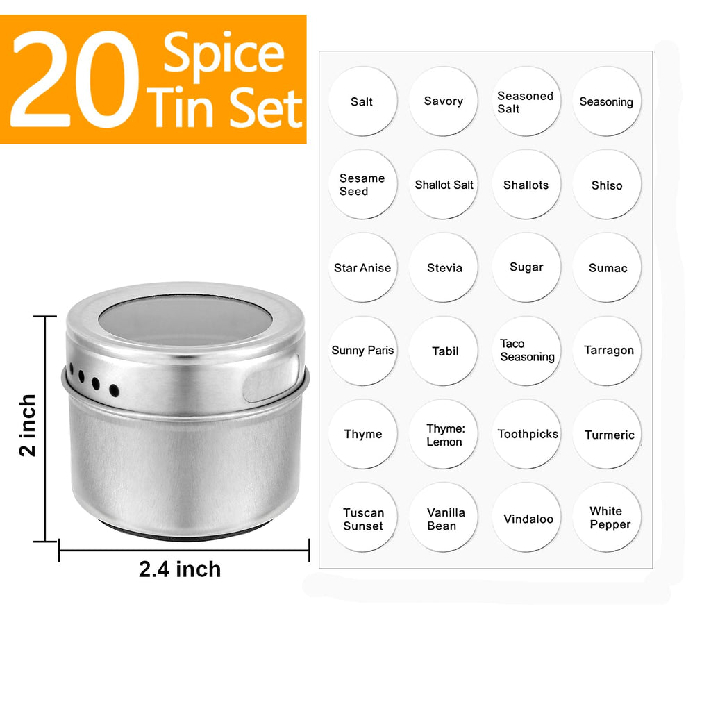 20 Pack Magnetic Spice Jars, Magnetic Spice Containers for Refrigerator, Seasoning Tins with Clear Top Lid, 240 PVC