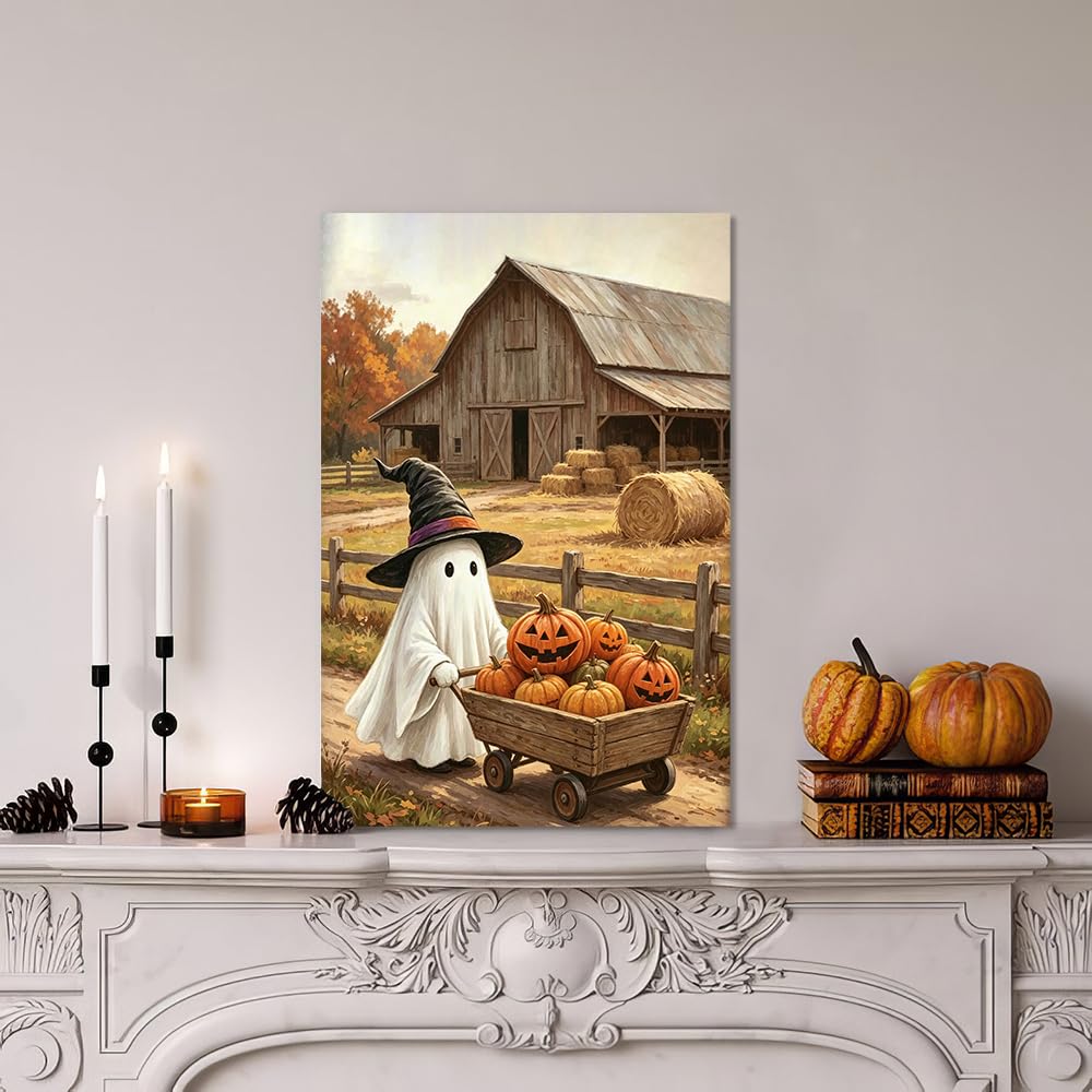 Autumn Halloween Wall Art - Cozy Ghost in a Sheet and Witch Hat Pushing a Wooden Wagon Full of Pumpkins - Rustic Barn