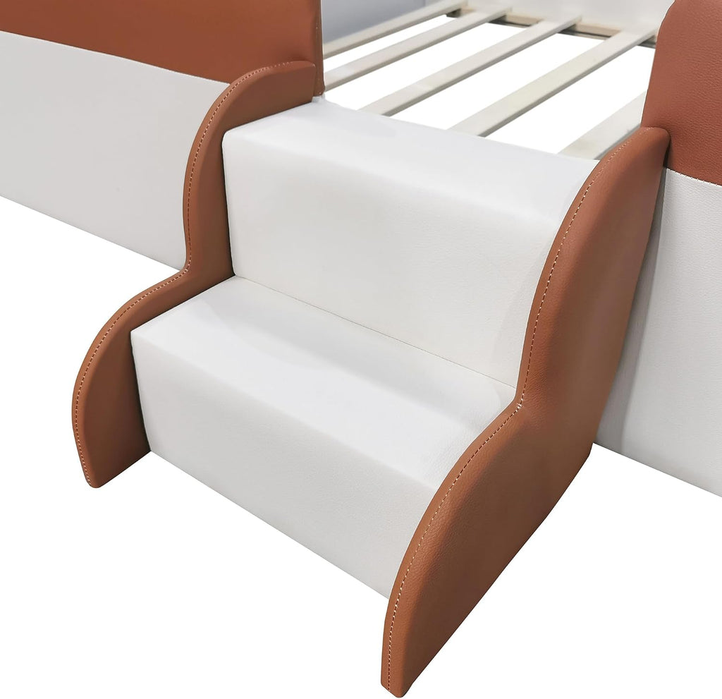 Queen Size Kids Floor Bed, Daybed Frame with Fence & Stairs, Upholstered Wood Bed , Brown+White