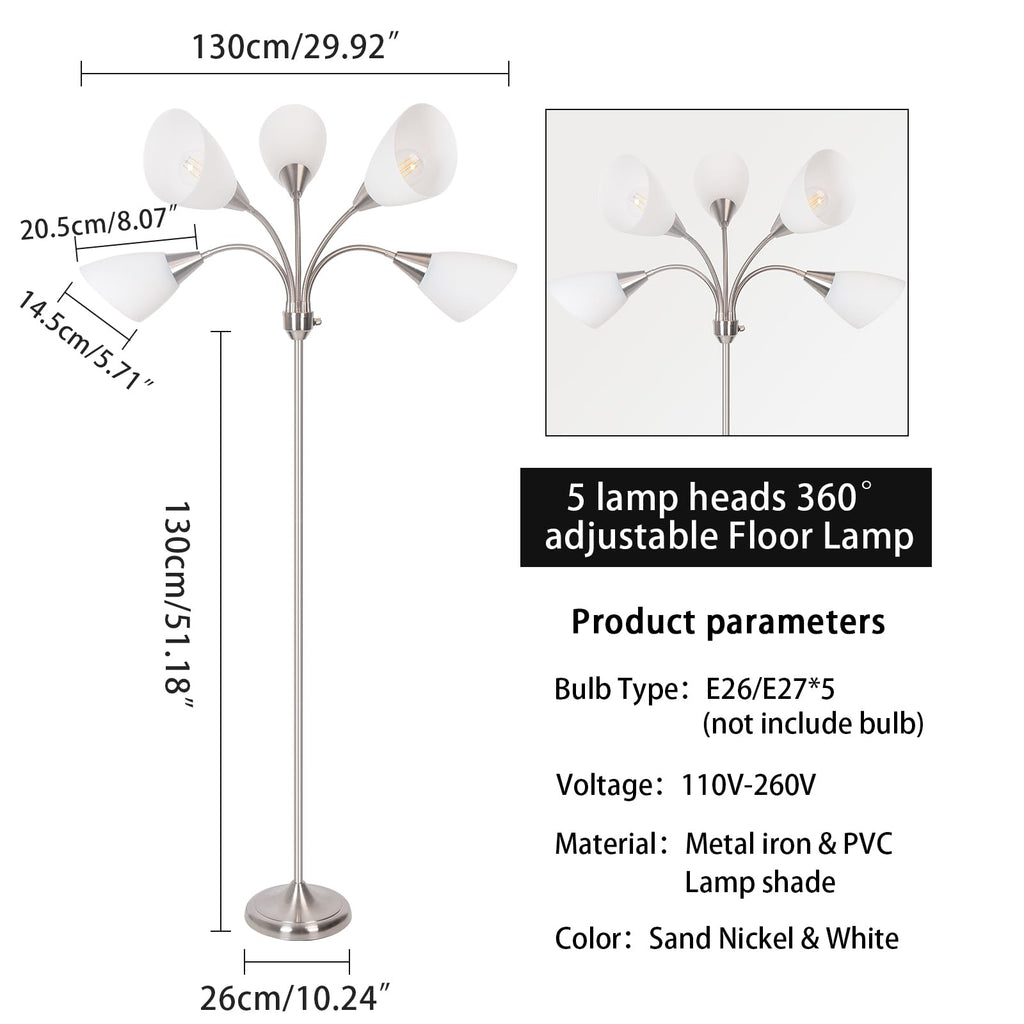 Floor Lamp, 5 Adjustable Neck Heads with Lampshades, Multi-Light Standing Reading Lamp