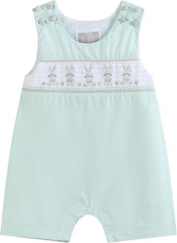 Baby Boys Bunny Smocked Shortalls, Cotton Jon Jon Romper - Spring Summer Toddler One Piece Outfit with Snaps Gift