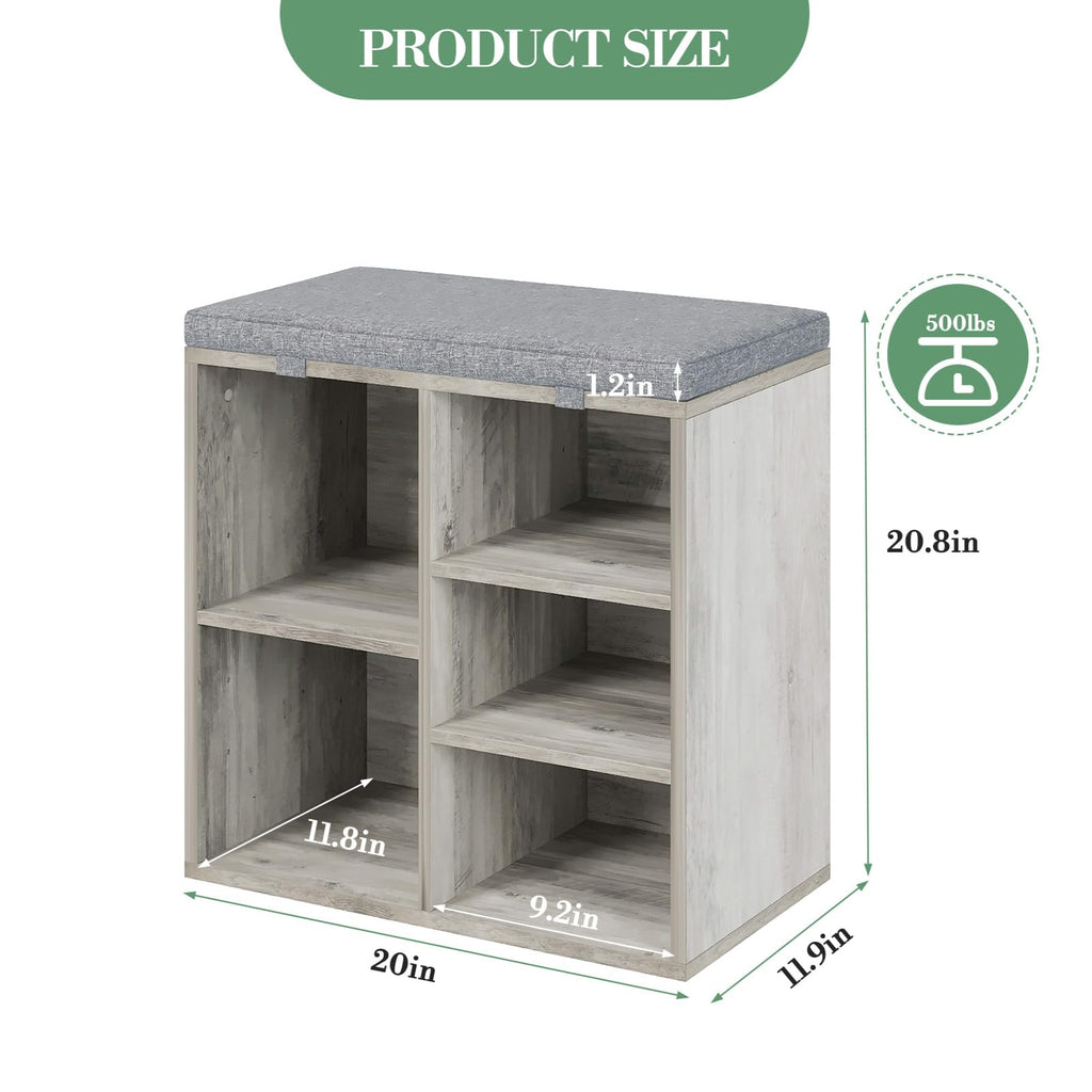 Shoe Bench with Padded Seat, 20'' Shoe Storage Bench with Adjustable Shelves & Side Pockets, 5 Cubes Storage