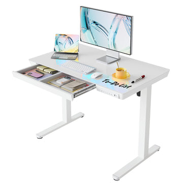 Glass Standing Desk with Drawers, 40 X 24 Inch Electric Adjustable Height Desk, Quick Install One-Piece Tabletop with
