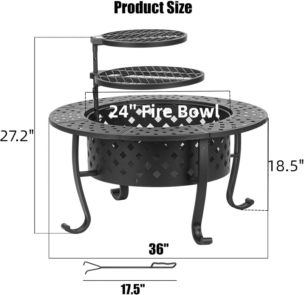 36 Inch Fire Pit with 2 BBQ Grills, Wood Burning Fire Pits for Outside with Lid & Fire Poker