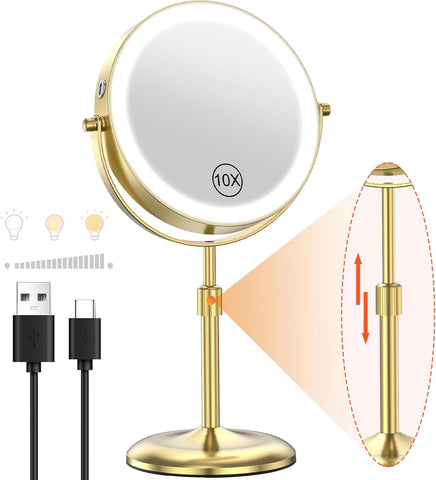 7" Lighted Makeup Mirror with 3 Color Lights & 10X Magnification, Adjustable Brightness & Height, 360° Swivel