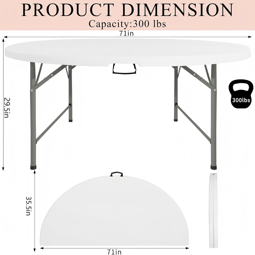 6 FT Round Folding Tables with Carrying Handle 72 inch Heavy Duty Portable Plastic Commercial Table Steel Legs for