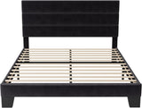 Queen Platform Bed Frame with Velvet Upholstered Headboard and Wooden Slats Support