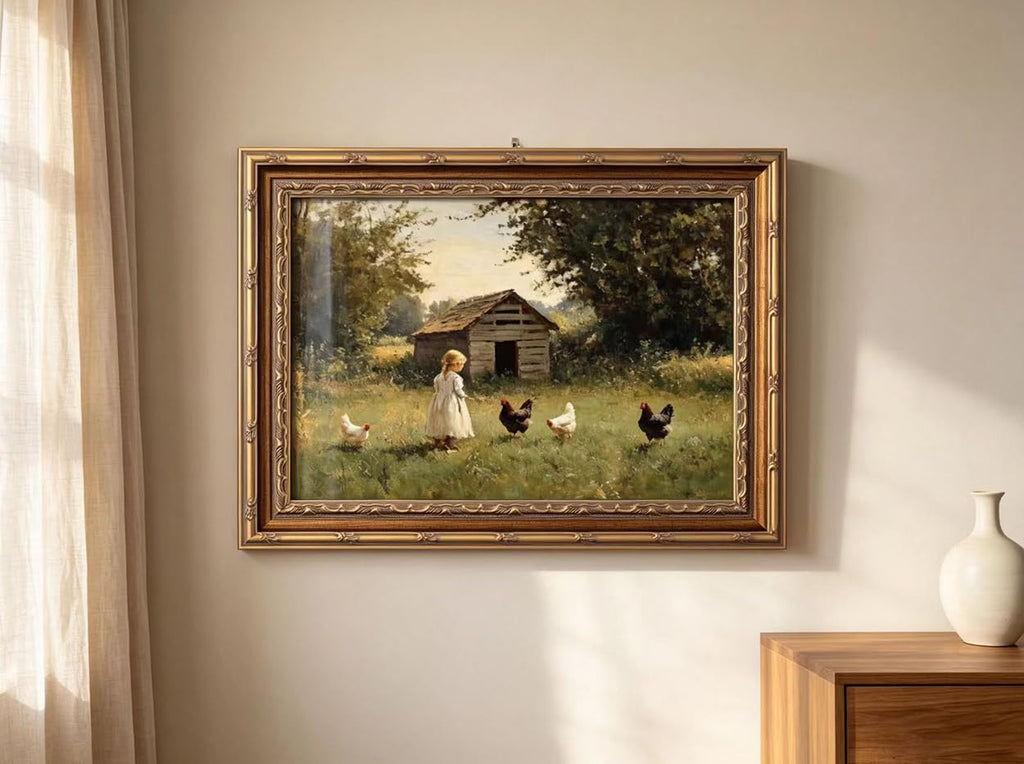 Vintage Gold Framed Farmhouse Chicken Wall Art Retro Country Farm Girl and Chicken Canvas Wall Decor Retro Rustic