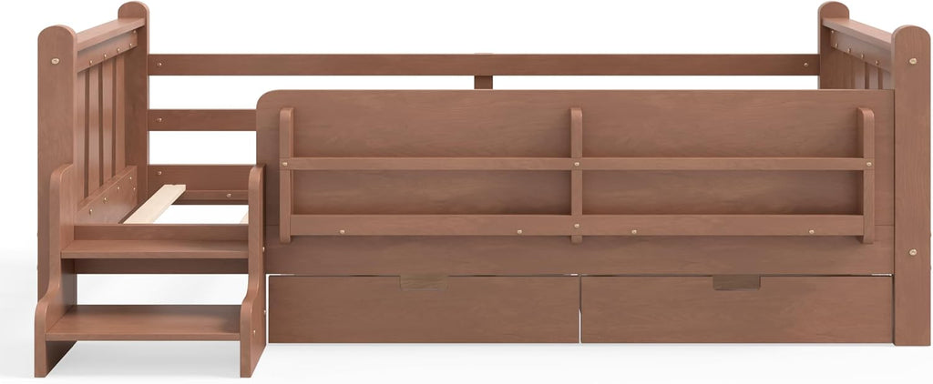 Floor Bed with Storage Bookcase and Drawers, Solid Wood Platform Bed with Guardrails, Cute Stair Design, Low