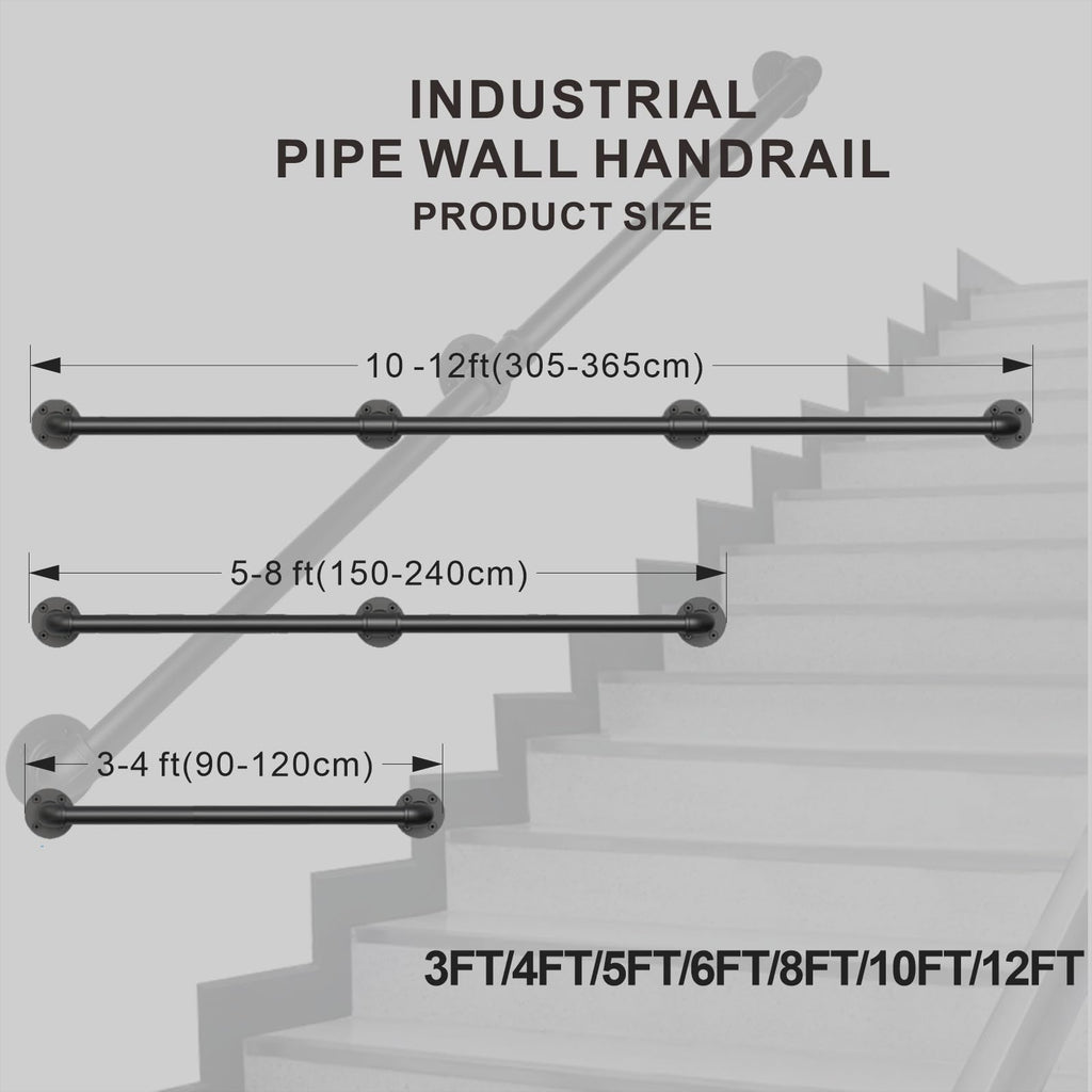 10FT Industrial Pipe Stair Railings Indoor, Hand Rails for Indoor Stairs, Wall Mounted Stair Handrail for Outdoor