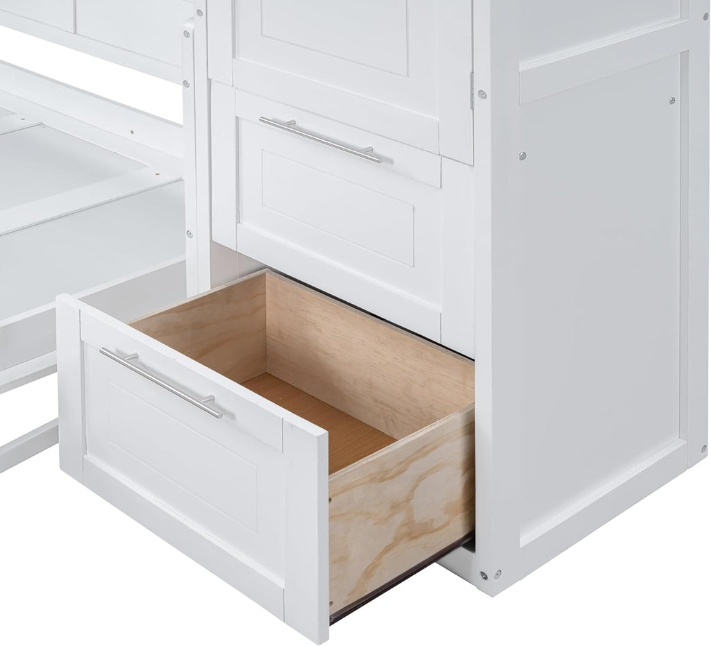 Queen Horizontal Murphy Bed with Desk, Wardrobe, Storage Drawers & Shelves, White