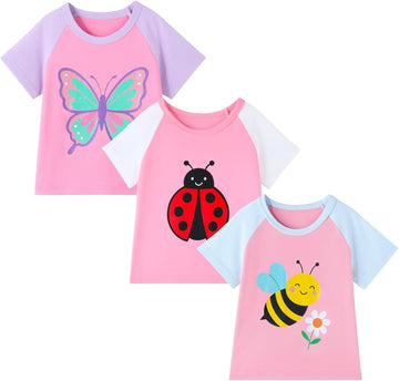 Toddler Girls Graphic T Shirts 3 Pack 100% Cotton Cute Spring Summer Short Sleeve Tees Soft Breathable Tops