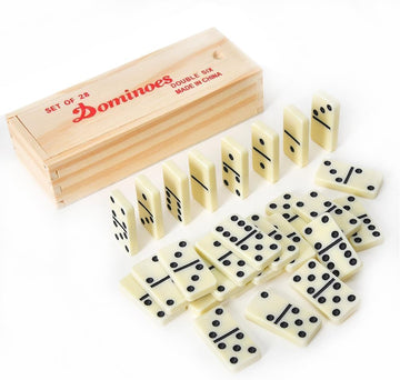 Dominos Set for Adults with Wood Box - Tile Dot Dominoes Games Set ,Classic Dominoes Set, 28 Tiles, Natural Wood - Set of 28