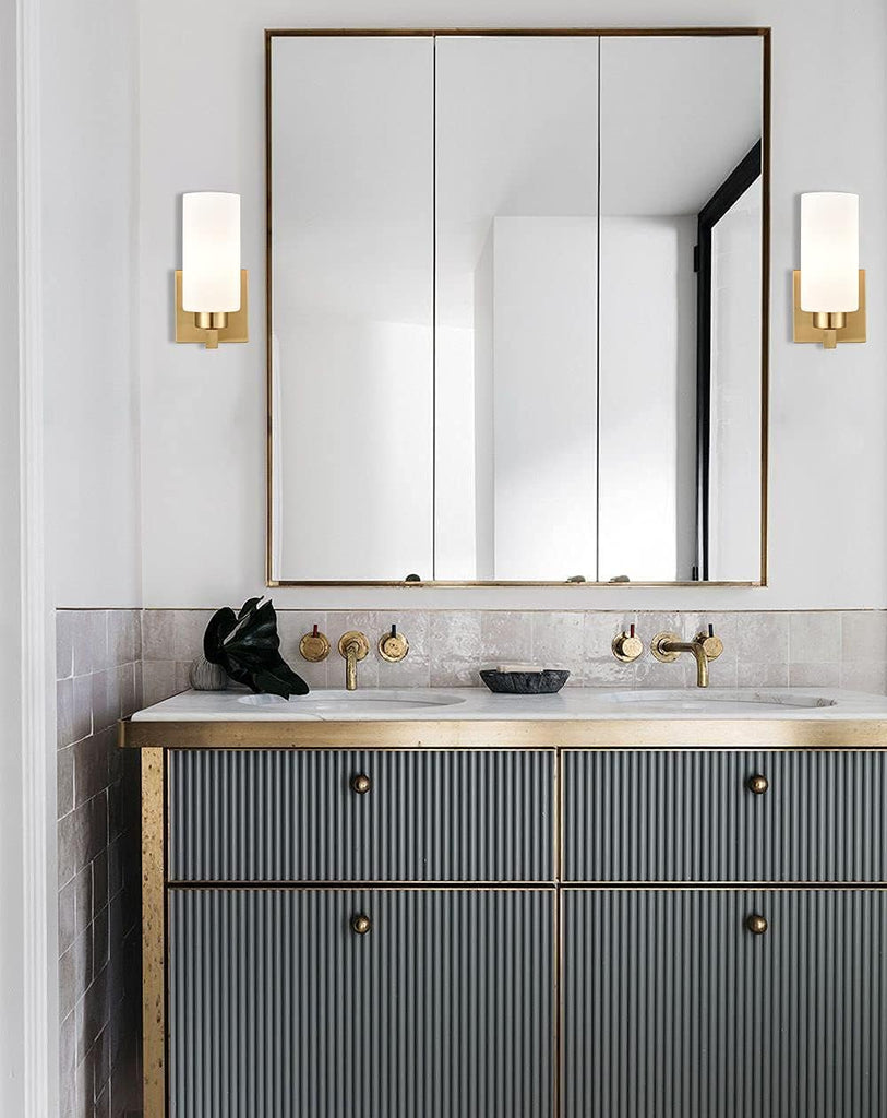 Modern Gold Wall Sconce Dimmable Bathroom Vanity Light with Milky White Cylinder Glass Shade Set of 2