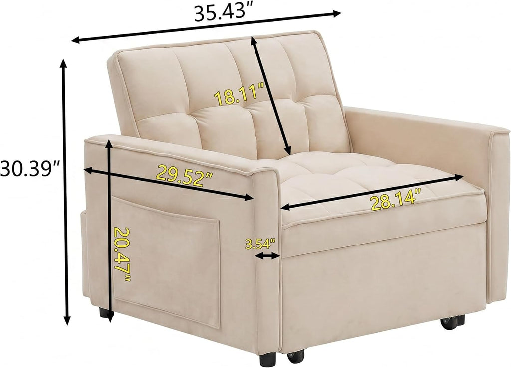Sleeper Chair with Pull Out Bed, 3 In1 Convertible Couch Bed, White | Adjustable Backrest,Soft Cushioning,Handy Side
