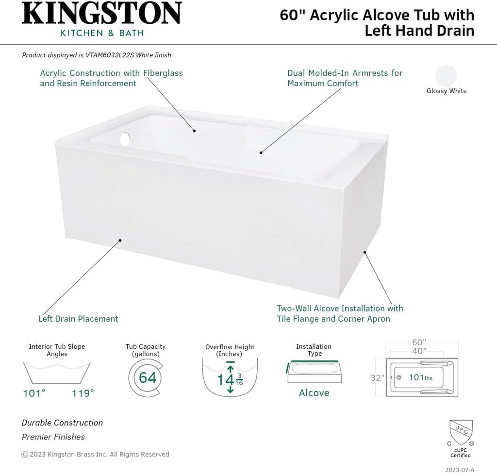 VTAM6032L22S 60-Inch Acrylic 2-Wall Corner Alcove Tub with Corner Apron, Left Hand Drain Hole, White