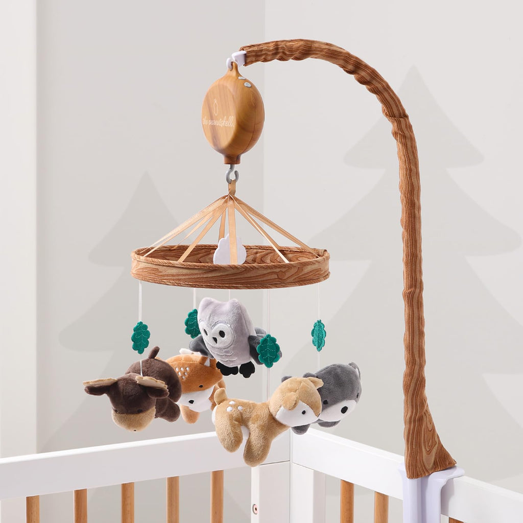 Crib Mobile for Boys or Girls - Woodgrain Musical Baby Crib Mobile with 12 Lullabies, Whimsical Woodland Baby