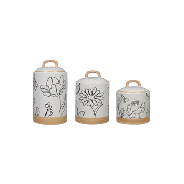 Ceramic Kitchen Canister Set of 3 with Floral Line Art, Airtight Storage Jars with Wooden Accents, Countertop