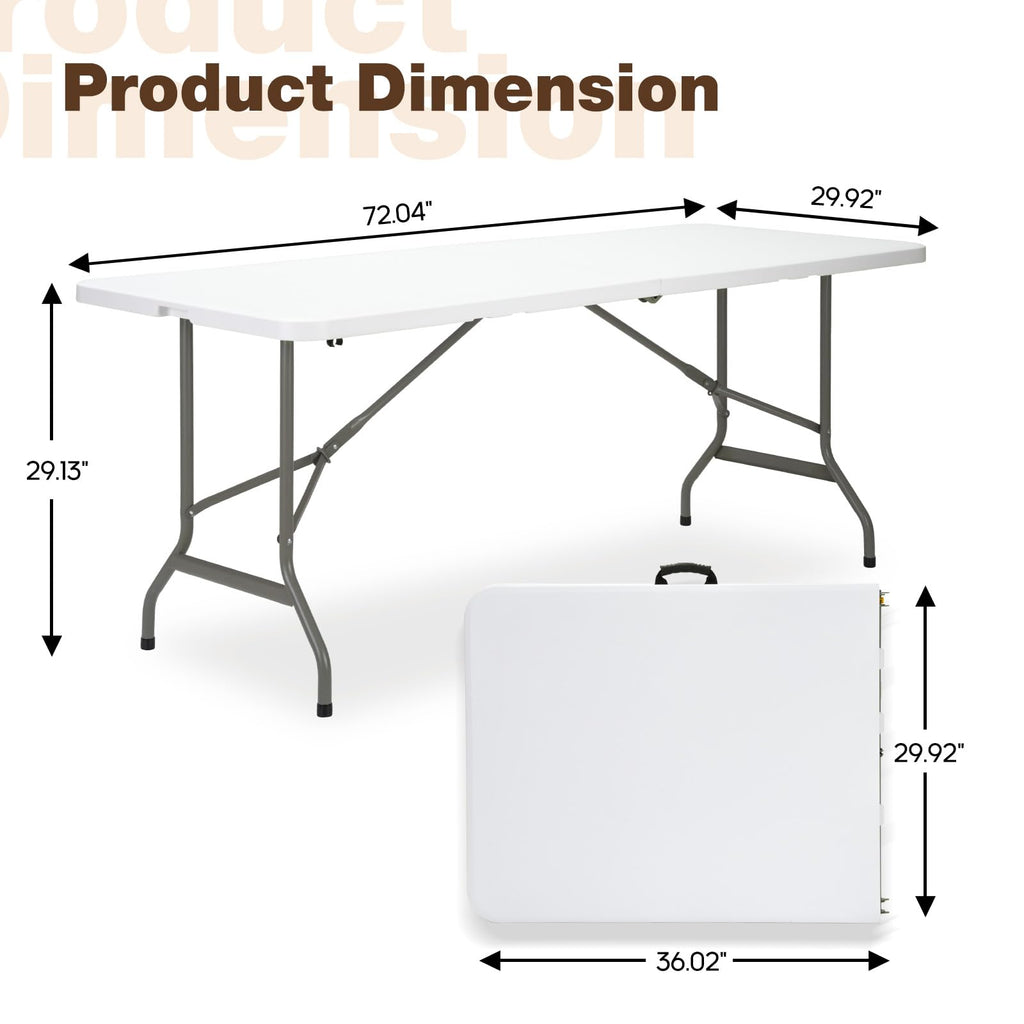 Folding Table 6ft, Heavy-Duty 500lbs Weight Capacity Foldable Table with HDPE Top & Steel Legs, Portable 6 Foot