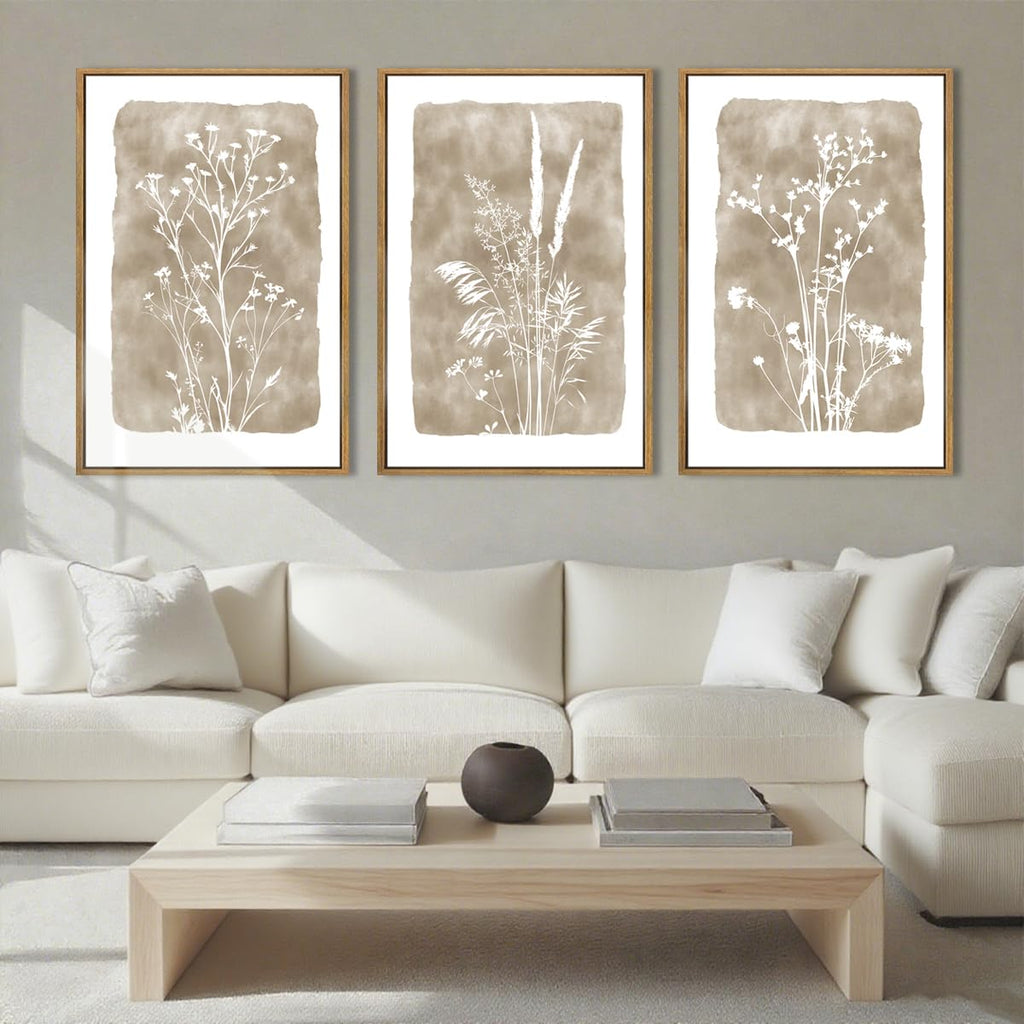 Beige Neutral Floral Canvas Wall Art 16x24 Inch Framed Brown Botanital Wall Decor Large Rustic Farmhouse Wildflower