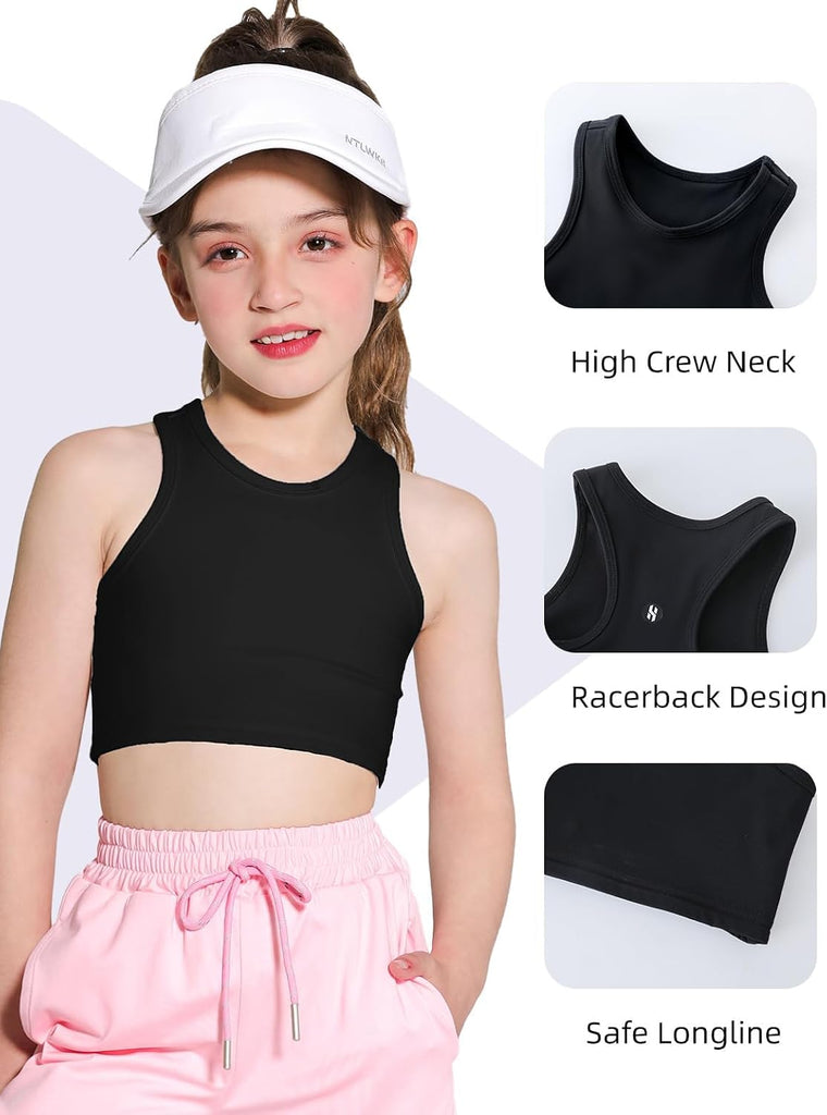 Girls Sports Bra Racerback Crop Tank Top for Kids High Neck Sleeveless Athletic Dance Top Teen
