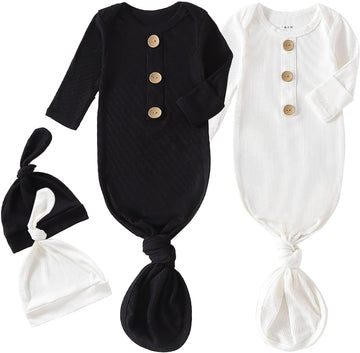 Knotted Gown Baby Newborn Sleepers Baby Boy Coming Home Outfit, Bamboo Viscose Baby Gowns with Mitten Cuffs and Hat