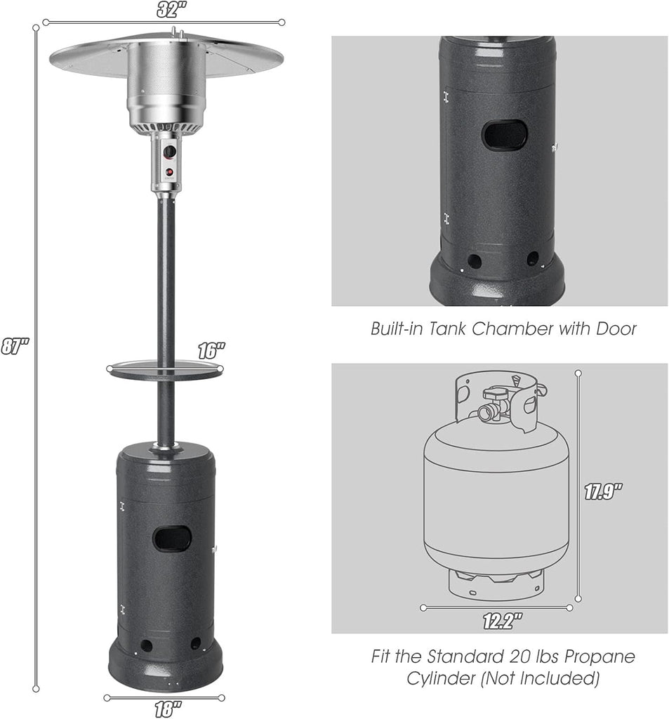 BTU Outdoor Patio Heater, Portable Propane Heater w/Drink Shelf Tabletop, Wheels, Base Reservoir, 87-inch Tall