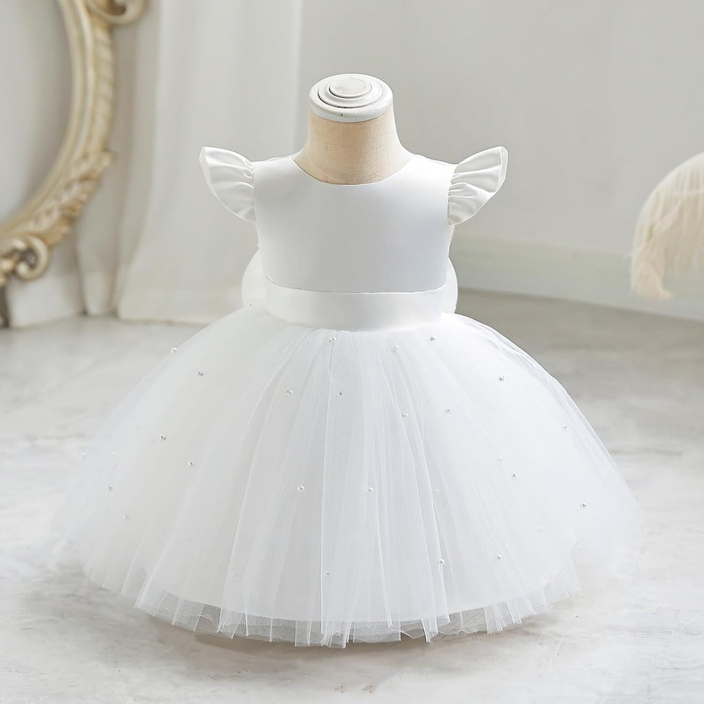 Infant Baby Girls Wedding Flower Girl Dress Pearls Tulle Tutu Dress Bowknot V Back Pageant Party Birthday Formal